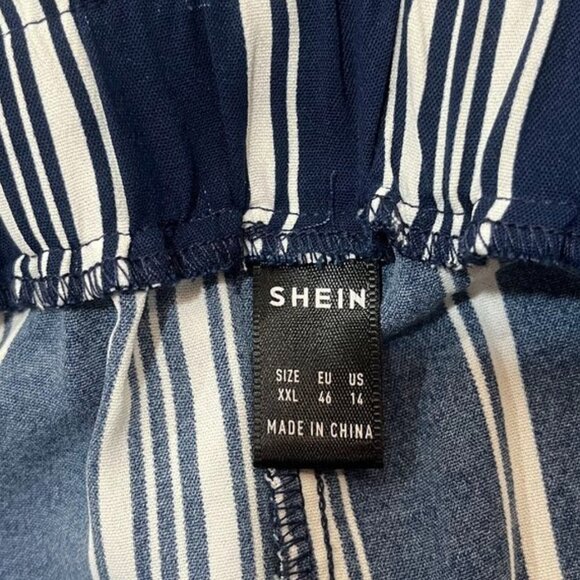 SHEIN Navy White Striped Wide-Leg Pants Adjustable Waist Tie Belt XXL - Picture 7 of 8